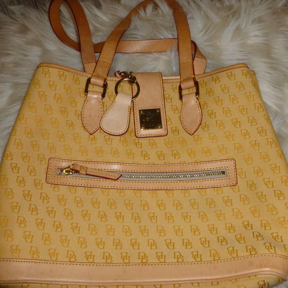SOLD Dooney & Bourke Signature Canvas Purse-Yellow with Tan Leather - Picture 1 of 11
